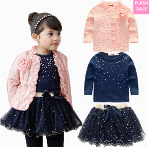 Flower Lace Ruffle Trim Outerwear Round Neck Cotton Top Sequined Lace Skirt Three-Piece Sets